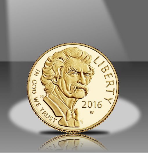 2016-W $5 Proof Mark Twain Commemorative Gold Coin, Obverse in Spotlight