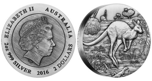 2016 Australian Kangaroo High Relief 2 oz Silver Antiqued Coin