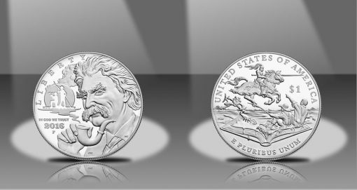 2016-P $5 Proof Mark Twain Commemorative Silver Dollar, Obverse and Reverse
