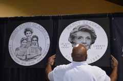 James Pressley and Nancy Reagan coin design line-art