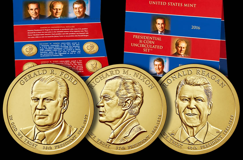 President Dollars 2016 set of 3 coins Nixon Ford Reagan D 