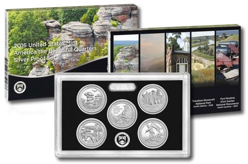 Box, lens and coins of 2016 America the Beautiful Quarters Silver Proof Set