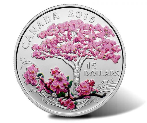 Canadian 2016 $15 Celebration of Spring - Cherry Blossoms Fine Silver Colored Coin