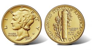 2016 Mercury Dime Centennial Gold Coin, Obverse and Reverse