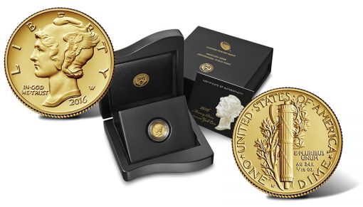 2016 Mercury Dime Centennial Gold Coin, Presentation Case