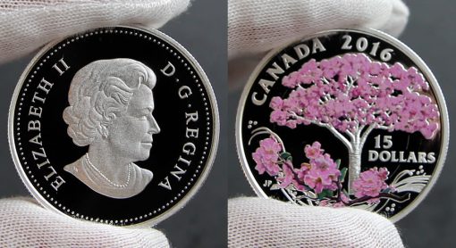 Photos of Canadian 2016 Cherry Blossoms Silver Coin, Obverse and Reverse