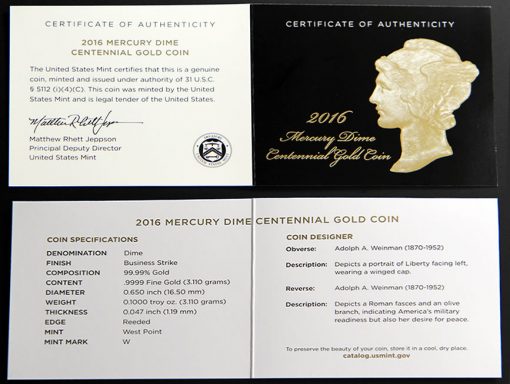2016-W Mercury Dime Centennial Gold Coin - Certificate of Authenticity