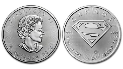 Canadian 2016 $5 Superman 1 oz Silver Bullion Coin, obverse and reverse