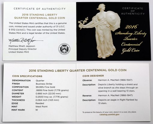 2016-W Standing Liberty Centennial Gold Coin - Certificate of Authenticity