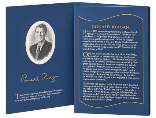 Opened folder of 2016 Ronald Reagan Coin & Chronicles Set