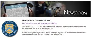 US Mint Numismatic Forum for Oct. 13 in Philadelphia