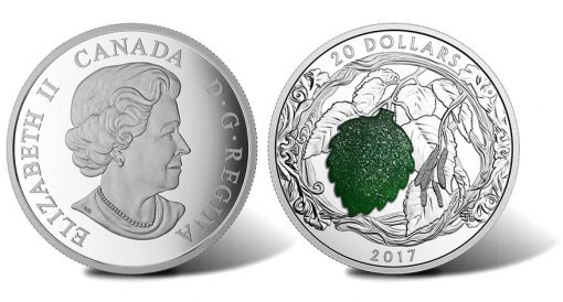 2017 $20 Brilliant Birch Leaves with Drusy Stone 1 oz. Silver Coin - Obverse and Reverse
