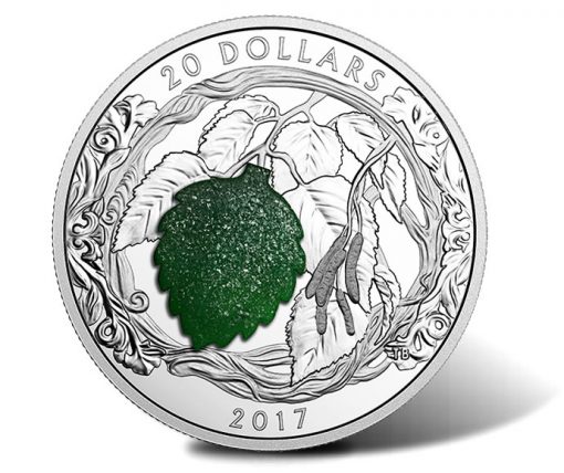 2017 $20 Brilliant Birch Leaves with Drusy Stone 1 oz. Silver Coin - Reverse