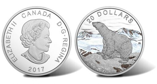 2017 $20 Polar Bear 1 oz. Silver Coin with Diamond Glitter - Obverse and Reverse