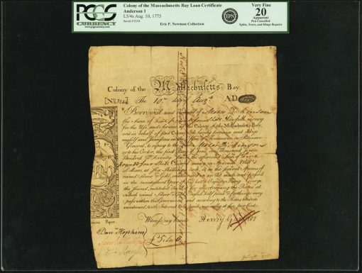 1775 Massachusetts Bay Colony 5 Pounds 4 Shillings Bond