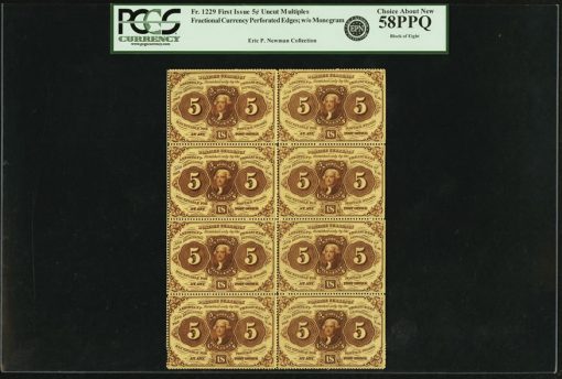 Perforated Block of Eight First Issue Fr.1229 5-Cent Notes