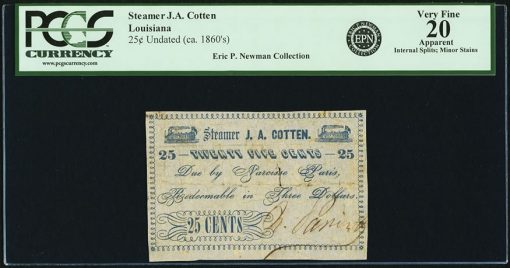 Undated Steamer J.A. Cotten 25 Cents Note