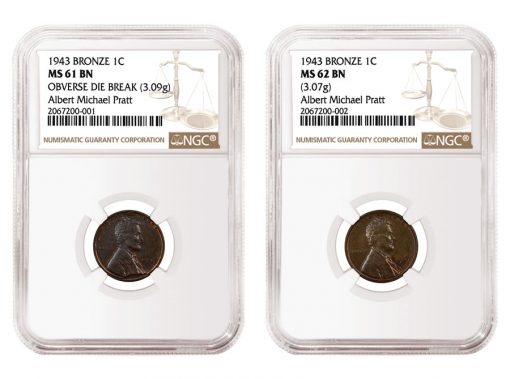1943 Bronze cent - MS61BN and 1943 Bronze cen -MS62BN