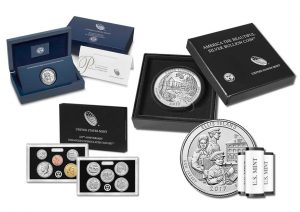Platinum Eagle, Ozark 5 Oz, Anniversary Set and Ellis Island Quarters