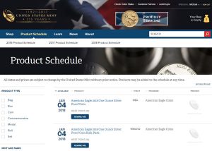 US Mint Product Schedule Screen Grab