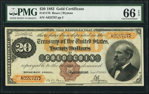 Fr. 1176 $20 1882 Gold Certificate PMG Gem Uncirculated 66 EPQ