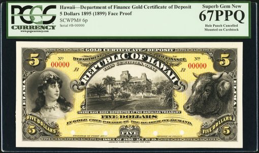 Hawaii Department of Finance $5 1895 (1899) Pick 6p Face Proof