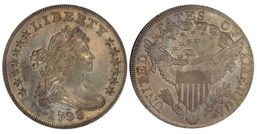 Lot 37. $1 1799/8 15 Star Reverse. PCGS MS62 from the Bubbabells Collection
