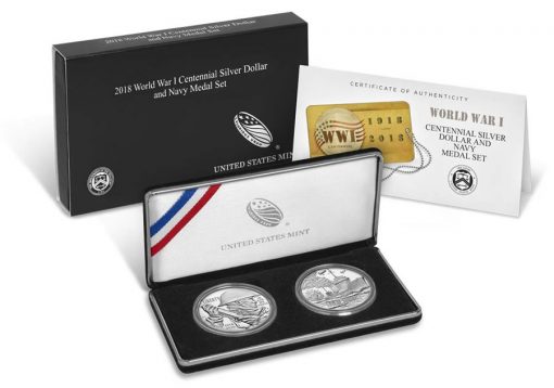 World War I Centennial 2018 Silver Dollar and Navy Medal Set - Packaging, Case and Cert