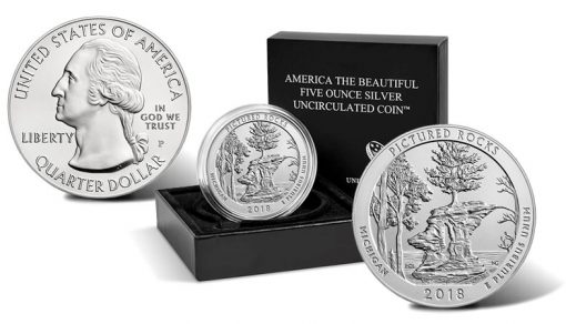 2018-P Pictured Rocks National Lakeshore Uncirculated Five Ounce Silver Coin and Packaging