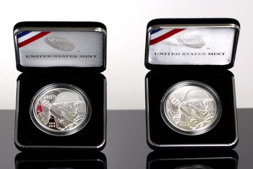 Photo of 2018-P Proof and Uncirculated World War I Centennial Silver Dollars in Case