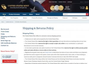US Mint return policy page