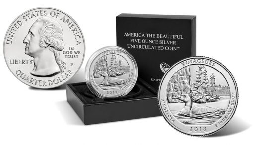 2018-P Voyageurs National Park Uncirculated Five Ounce Silver Coin and Packaging