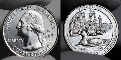 Photo of clad 2018-D Uncirculated Voyageurs National Park Quarter - Obverse and Reverse