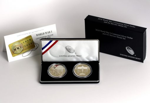 World War I Centennial 2018 Silver Dollar and Air Service Silver Medal, Certificate and Case