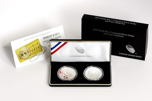 World War I Centennial 2018 Silver Dollar and Army Silver Medal, Certificate and Case