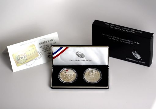 World War I Centennial 2018 Silver Dollar and Marine Corp Silver Medal, Certificate and Case