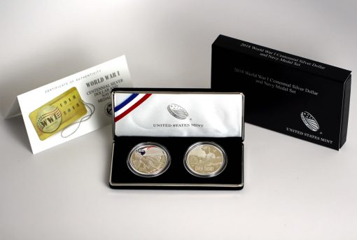 World War I Centennial 2018 Silver Dollar and Navy Silver Medal, Certificate and Case