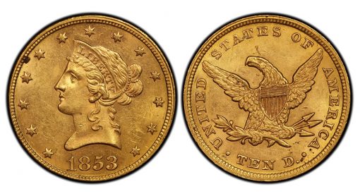 1853 Overdate 2 Liberty Head $10 Gold Eagle PCGS MS62