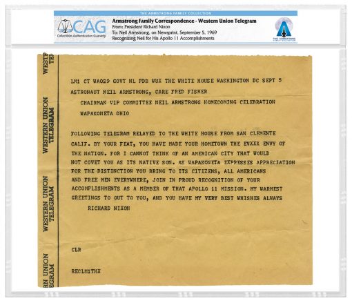 Armstrong Family Correspondence Western Union Telegram - President Nixon to Neil Armstrong