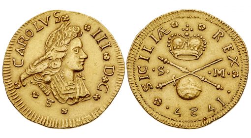 Spanish King Carlos (Charles) III on 4 Ducati struck in 1727 in Palermo