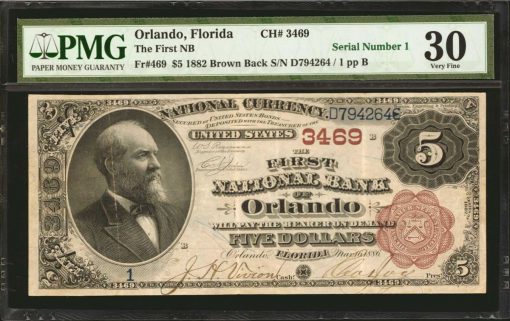 1882 $5 Orlando Brown Back