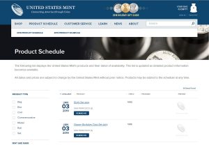 US Mint Product Schedule Screenshot