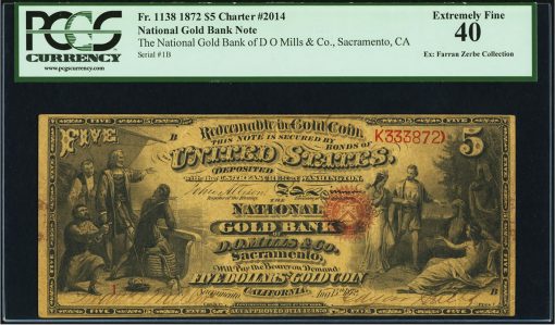 1872 $5 Sacramento National Gold Bank Note