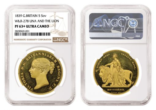 1839 Una and the Lion Gold Five Sovereign Graded NGC PF 63 Plus Ultra Cameo
