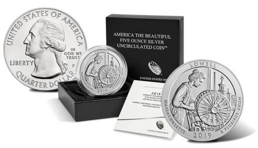 2019-P Lowell National Historical Park Five Ounce Silver Uncirculated Coin - Sides and Packaging
