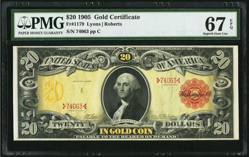 Fr. 1179 $20 1905 Gold Certificate PMG Superb Gem Unc 67 EPQ