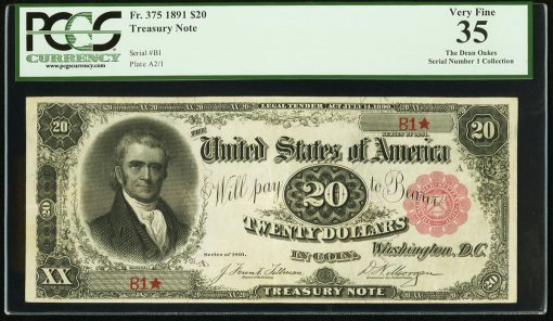 Fr. 375 Serial Number One $20 1891 Treasury Note PCGS Very Fine 35