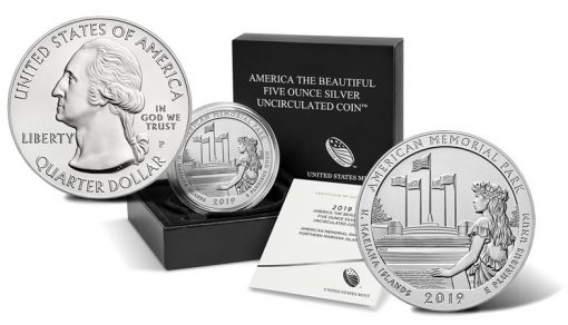 2019-P American Memorial Park Uncirculated Five Ounce Silver Coin and Packaging
