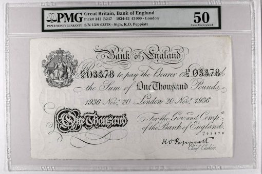 1934-43 £1000 - London, graded PMG 50 About Uncirculated. Estimate
