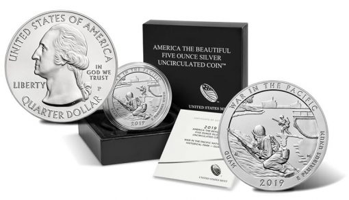 2019-P War in the Pacific Uncirculated Five Ounce Silver Coin and Packaging